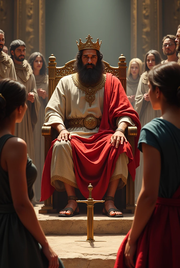 To create an image that portrays the story of Solomon, Considere os seguintes elementos:

1. **Scenario**: A royal court, with Solomon sitting on a high throne, surrounded by nobles or advisors.

2. **Personagens**: 
   - Solomon, dressed in royal clothes, showing an expression of wisdom and firmness.
   - Two women, one with a distressed appearance, holding a baby and another with a look of despair or anger.

3. **Action**: 
   - A sword on a nearby table, symbolizing the suggestion of cutting the baby in half.
   - The real woman, with an expression of love and pain, begging for the baby not to be hurt.

4. **atmosphere**: A tense environment, with the crowd watching, reflecting the gravity of the situation.

These elements will help convey the essence of Solomon&#39;s story and his wise judgment..
