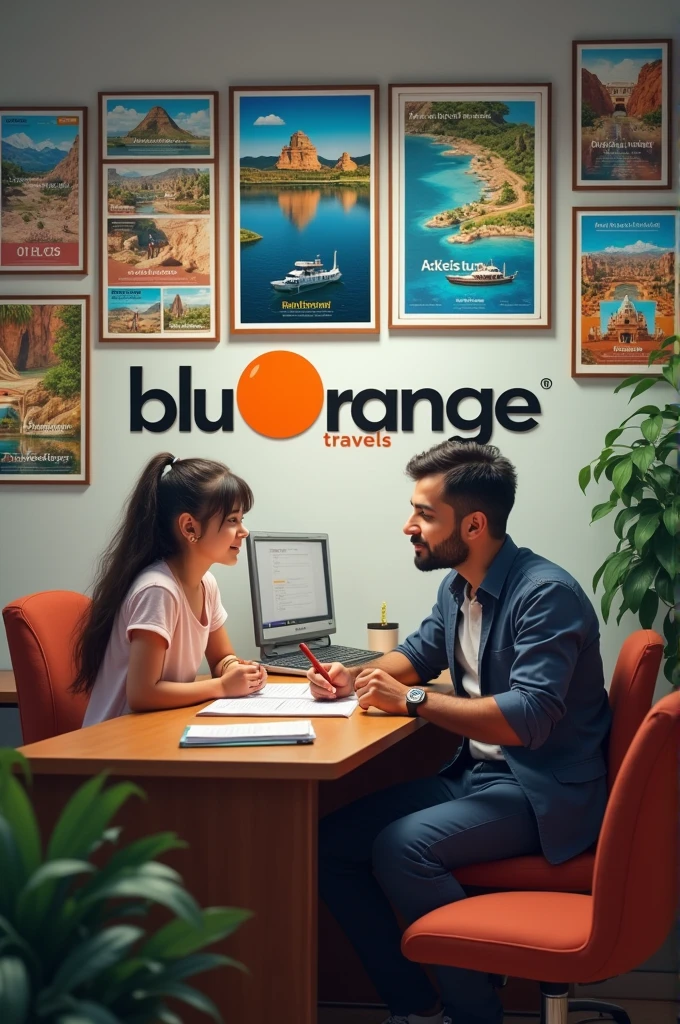 A man and girl setting in the office with background company name '' BLUORANGE TRAVELS'' make sure its ''BLUORANGE'' not a blueorange and traveling posters al over the office in Pakistan