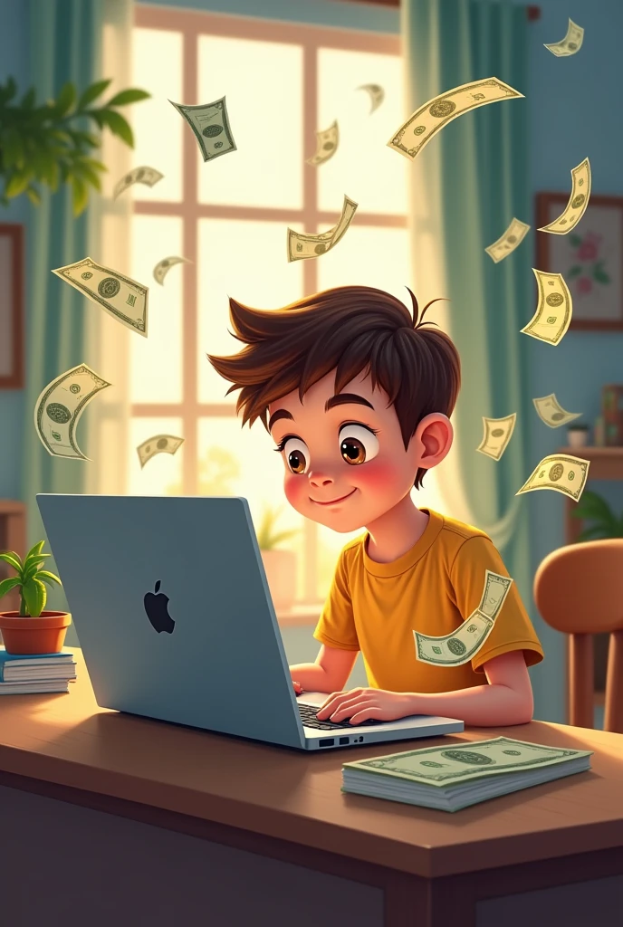 A boy doing E-commerce on ebay website on laptop and dollars coming out of that laptop. 