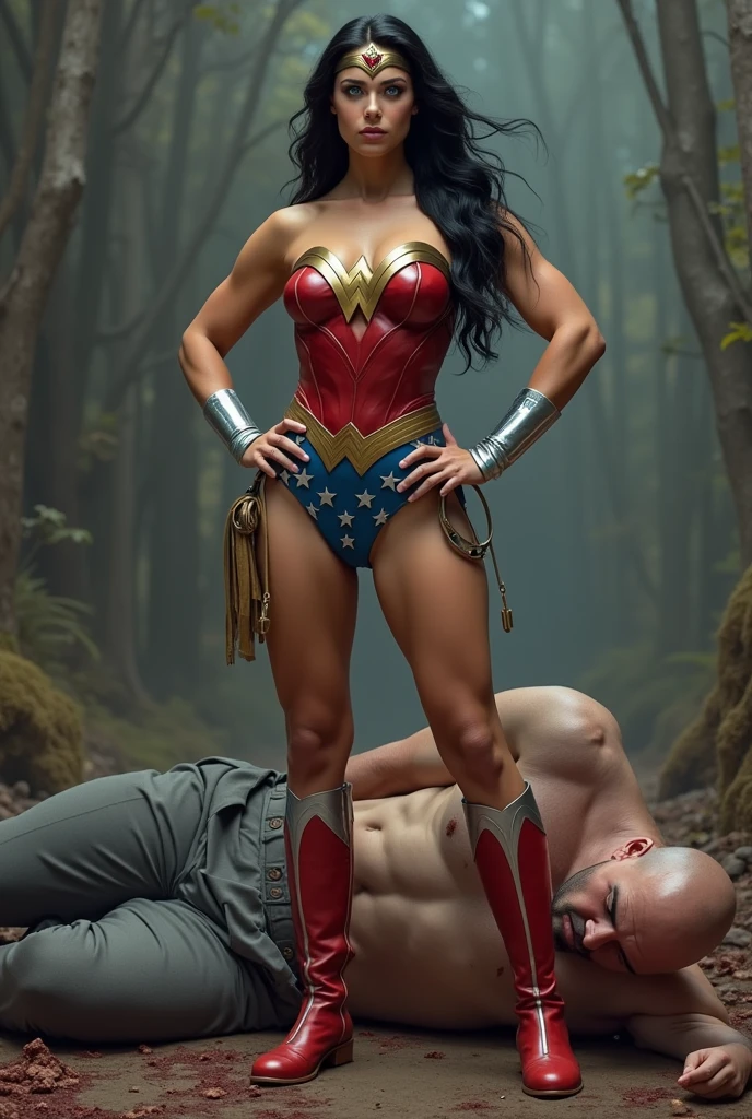 A toned athlete, muscular, blue eyes, black hair Wonder Woman in Wonder Woman’s tiara, red and gold bustier, blue leotard with white stars, ((silver wrist bracelets:1.2)), ((Red knee high boots:1.2)), golden belt with athletic and muscular body standing with hands on hips, fat muscular bald man wearing grey suits laying on the ground unconscious covered in blood with tattered costumes. (perfect anatomy), (masterpiece:1.2), (best quality:1.2), intricate details, Muted Tone, Delicate, Detail, sharp focus, perfect hands, perfect face, perfect eyes, perfect light, dynamic light, natural light