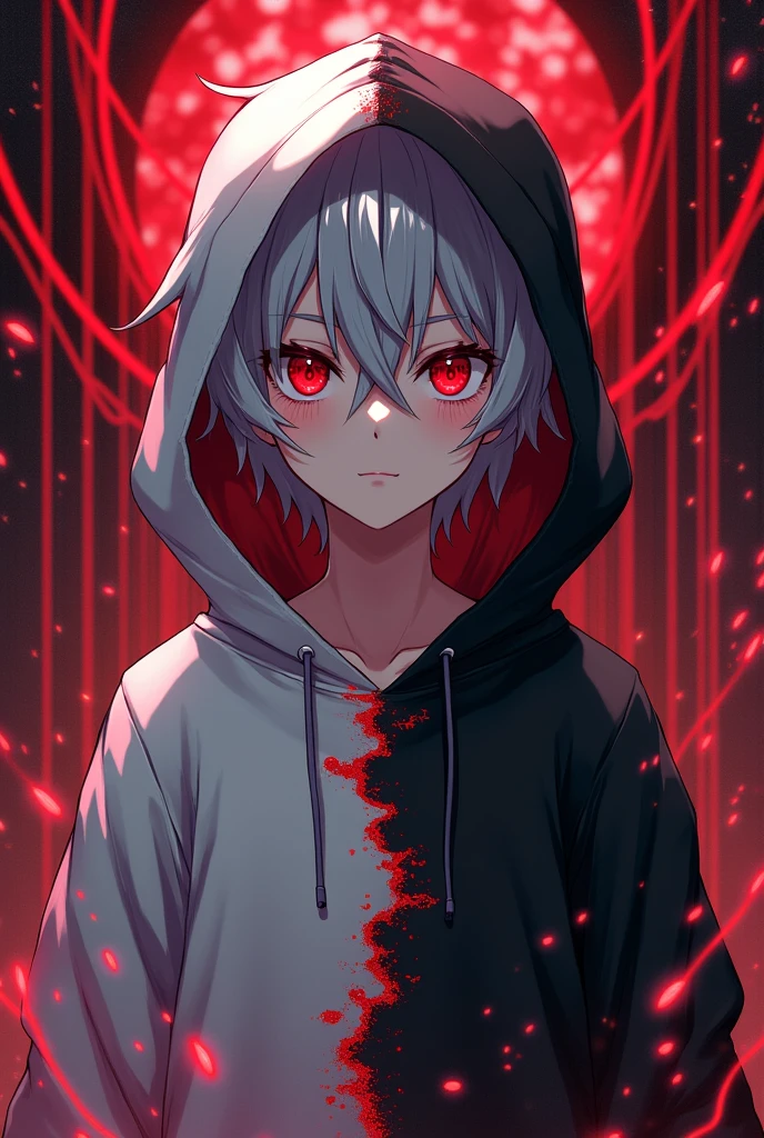 Anime boy, Wearing hoodie, Half of the hoodie is white while the other is black like a yin and yang. The eyes different from each other, the right is red like a demon eyes while the left is a human eye with color grey. It's hair is fluffy and a little straight. The face is an anime that is serious, inspired by Error sans. The background is like a universe covered with red strings like he controls it with his right hand.