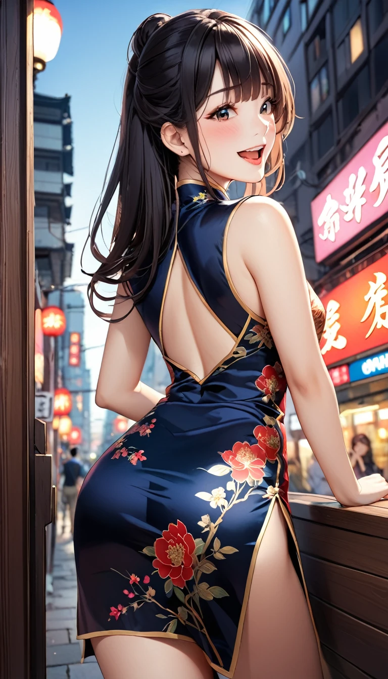 woman,20-year-old,city,(((Silk Chinese Dress))),,Laughing with your mouth open((Black Hair)),blush、,((Looking Back))()Reflecting the buttocks