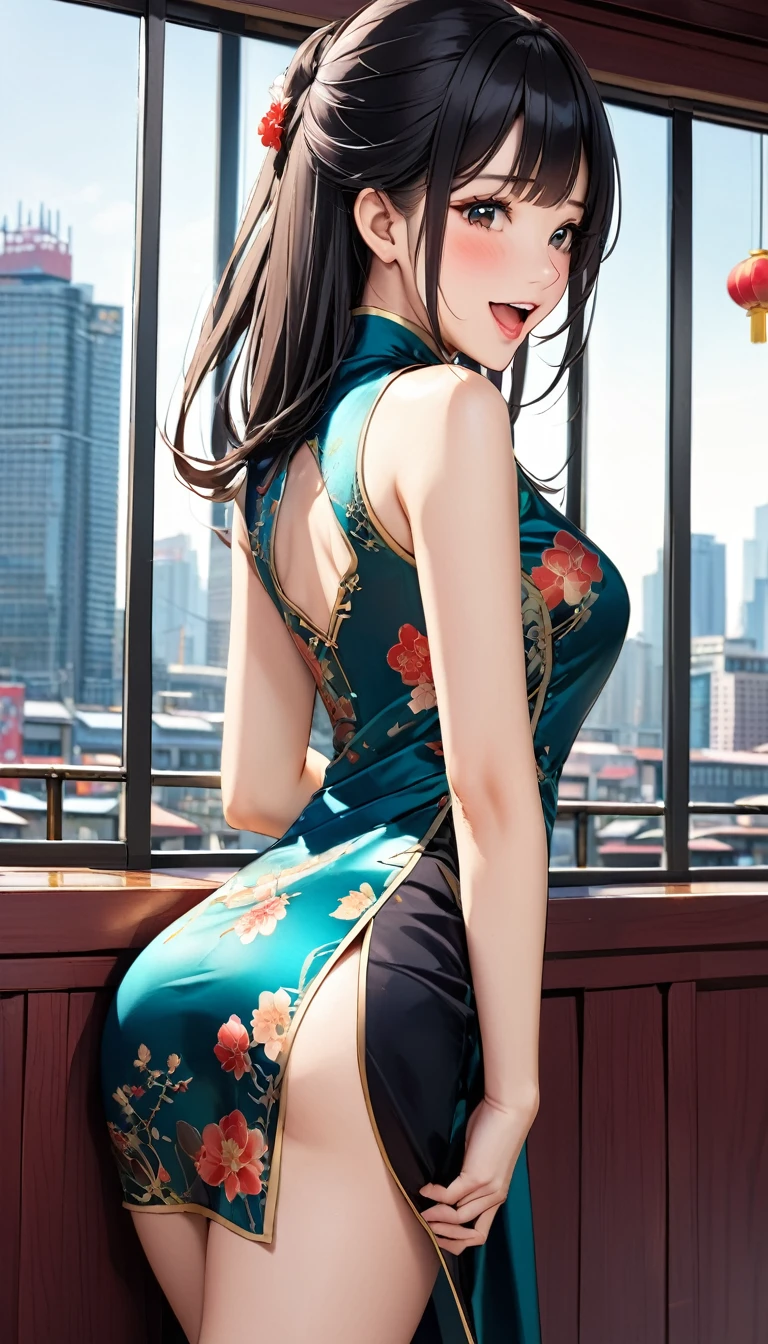 woman,20-year-old,city,(((Silk Chinese Dress))),,Laughing with your mouth open((Black Hair)),blush、,((Looking Back))()Reflecting the buttocks