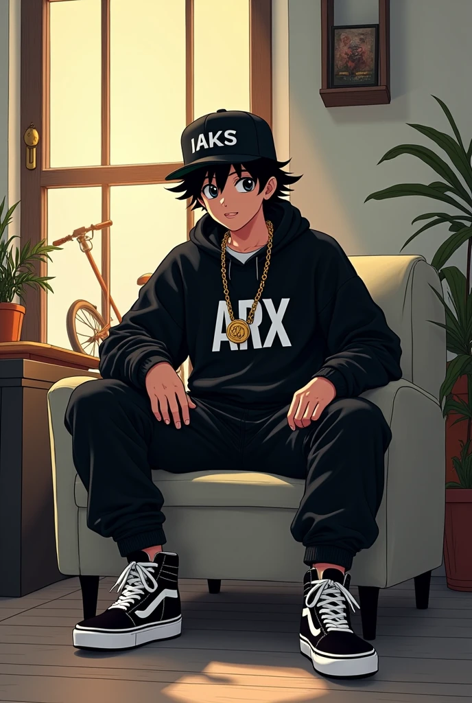
 
Teenage Goku, hip hop style cap on head, black eyes, listening to music, sitting in a room with white walls with black furniture and bright lights, slave chain with the initial Arx in gold, Loose black sweatshirt with a print in the center written ARX in white, long black pants and Nike Vans-type sneakers,  interior, soft light, relaxed pose, in the background a Baker bicycle, warm colors, by Greg Rutkowski, by Alphonse Mucha. 
