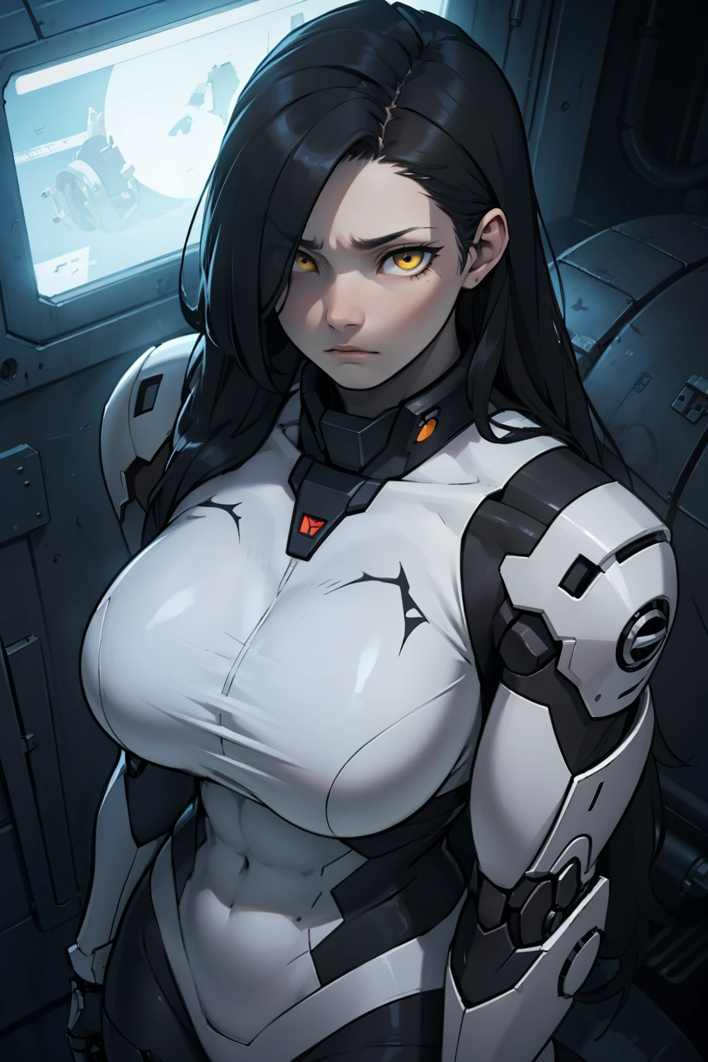 mechanical suit dark atmosphere black hair yellow eyes pale skin muscular girl massive breasts solo muscular body expressionless sad empty eyes cinematic lighting gloomy somber from above long hair hair flaps