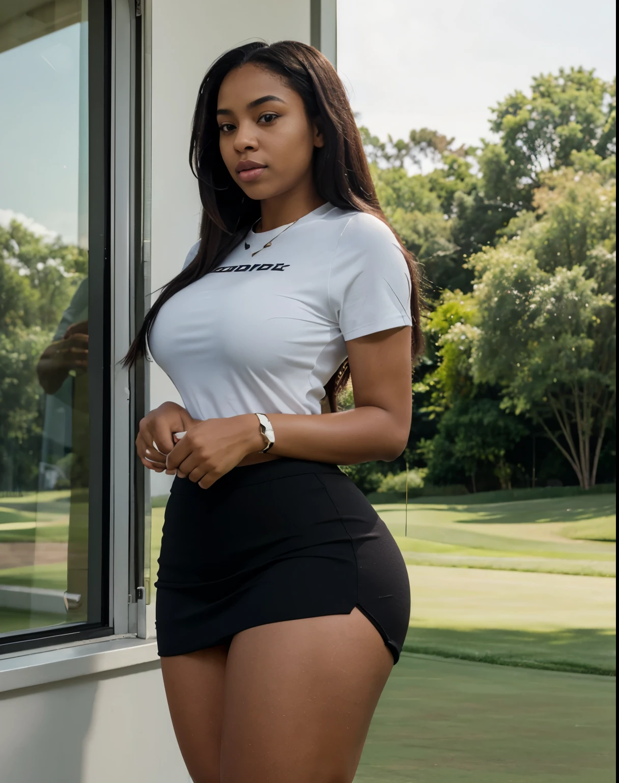 Mixed black ethnicity, curvy girl, long straight hair, wide hips, curvy body, wearing Women’s 2024 Summer Mini Skirt Tennis Athletic Inner Shorts Side Slit Workout Golf Bodycon Casual Skorts Clothes, looking out of the window, big ass