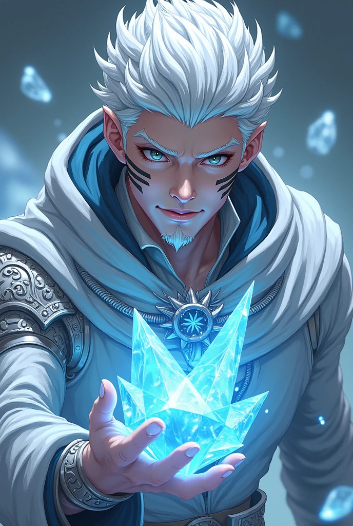 dnd, dungeons and dragons, snake man, normal round human ears, serpent, snake guy, sorcerer, slender, ice magic, cold magic, magic, casting a spell, solo, single person, portrait, action pose, pale white skin, symmetrical silver snake scales on cheeks, thick vertical black line tattoo on bottom lip and chin, medium spiky white and silver hair, light grey snake eyes, handsome, male, anime, comic, graphic novel, ornate silver robes with hood, silver jewelry with blue gems, noble, rich, frost magic, ((masterpiece, best quality)), trending artwork