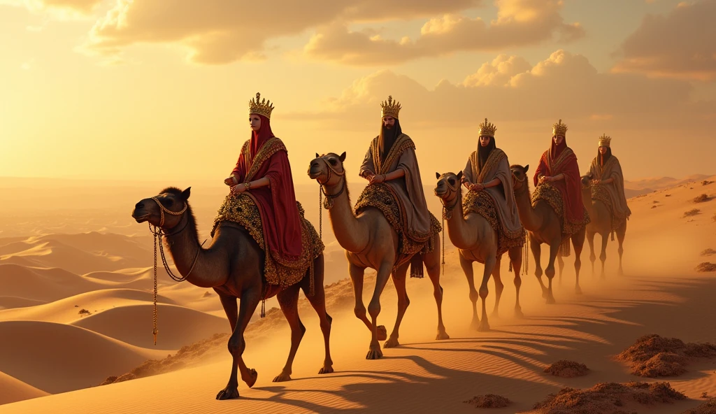 The Queen of Sheba leading a caravan through the desert, with dromedaries laden with gold, spices and precious stones. The arid desert contrasts with the luxury and brilliance of the caravan, while the setting sun casts long shadows, giving a mystical tone to the scene.