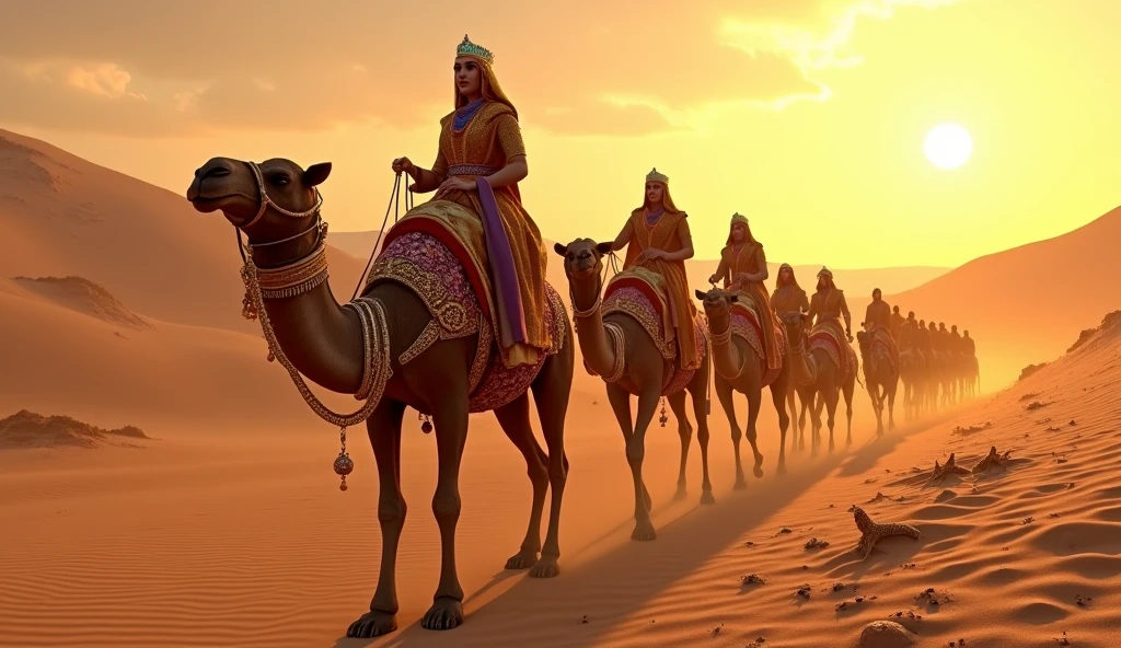 The Queen of Sheba leading a caravan through the desert, with dromedaries laden with gold, spices and precious stones. The arid desert contrasts with the luxury and brilliance of the caravan, while the setting sun casts long shadows, giving a mystical tone to the scene.