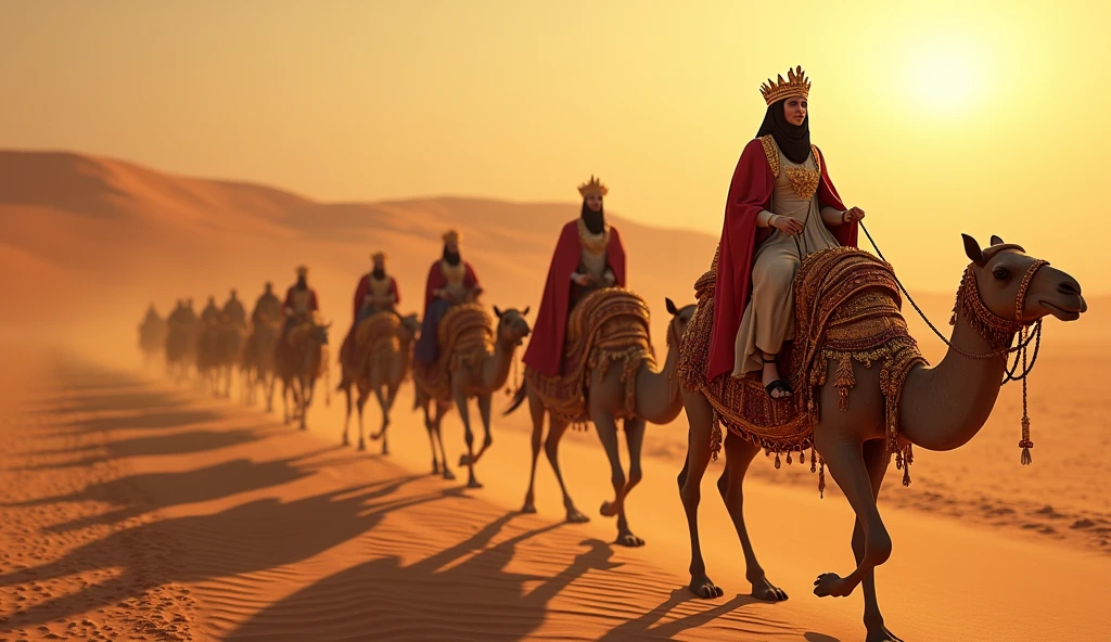 The Queen of Sheba leading a caravan through the desert, with dromedaries laden with gold, spices and precious stones. The arid desert contrasts with the luxury and brilliance of the caravan, while the setting sun casts long shadows, giving a mystical tone to the scene.