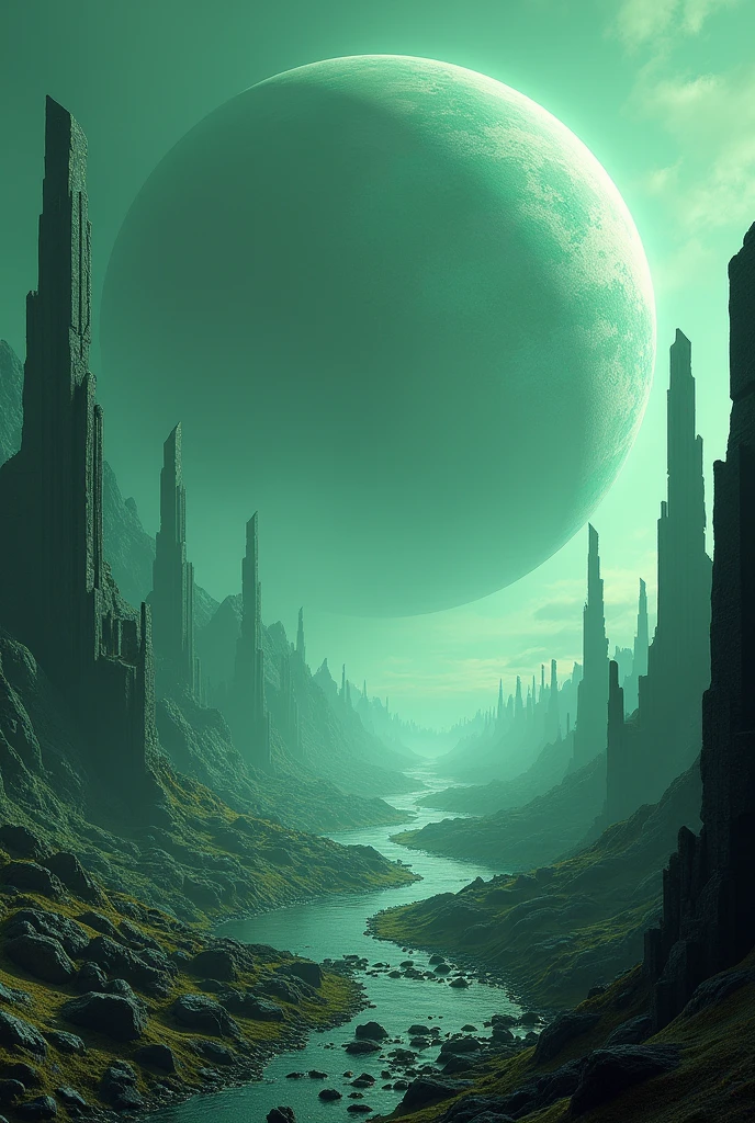 close-up of a futuristic landscape with a giant planet in the background, Highly detailed 4K digital art, stunning artwork in 8k, Epic fantasy sci-fi illustration, fractal thunder dan mumford, Epic fairytale fantasy landscape, Detailed 4k digital art, sci-fi digital art illustration, 8K HD Wallpapers Digital Art, Fantastic Planet, Epic fantasy in digital art style, in acid green tones, 7680 x 4320, dark fantasy