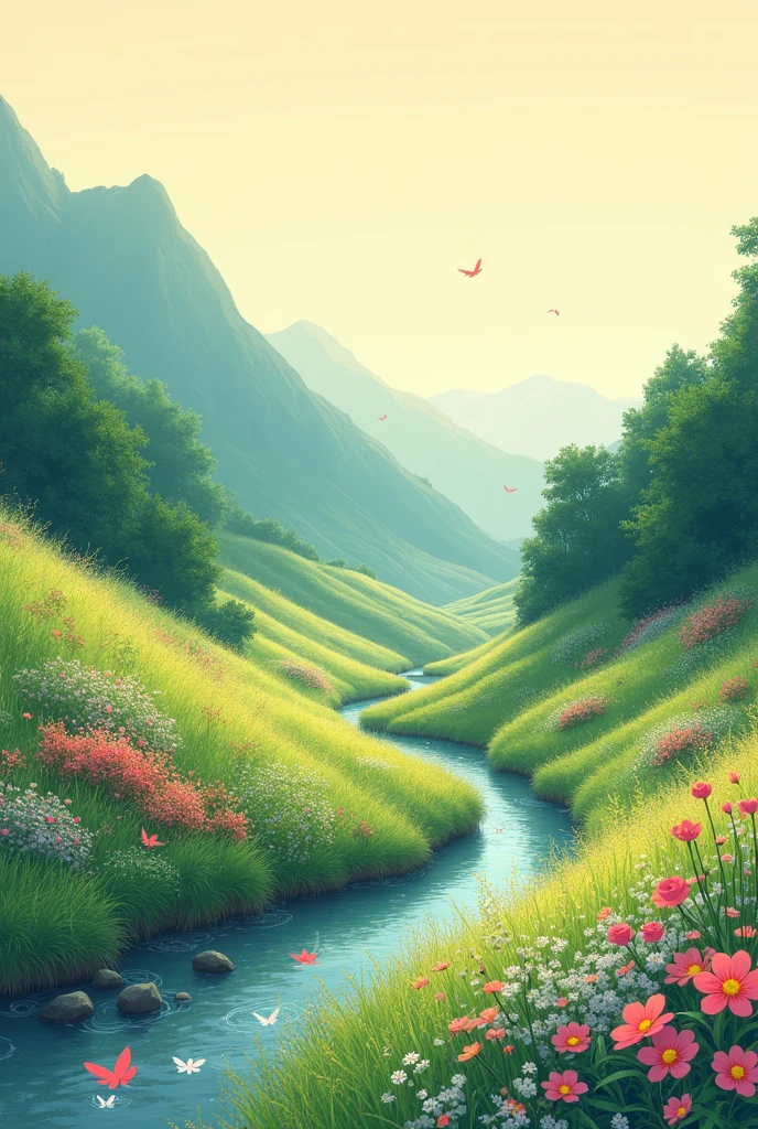 a landscape, in anime, that gives a feeling of peace, joy and a strange feeling