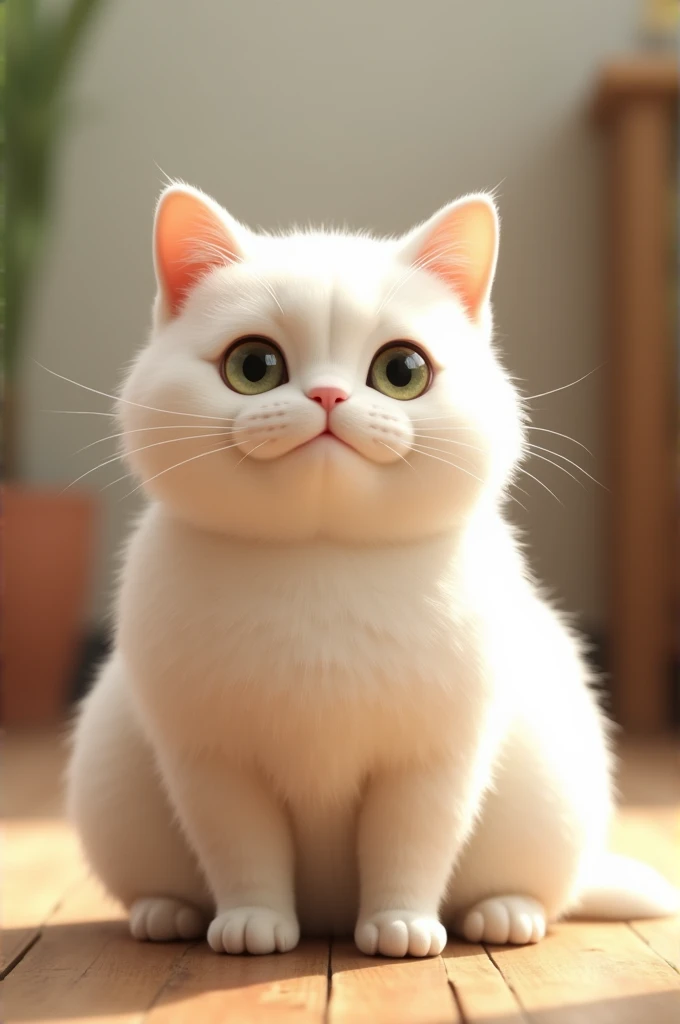 a cat,Very fat,White,sit on the floor,Say hello to you