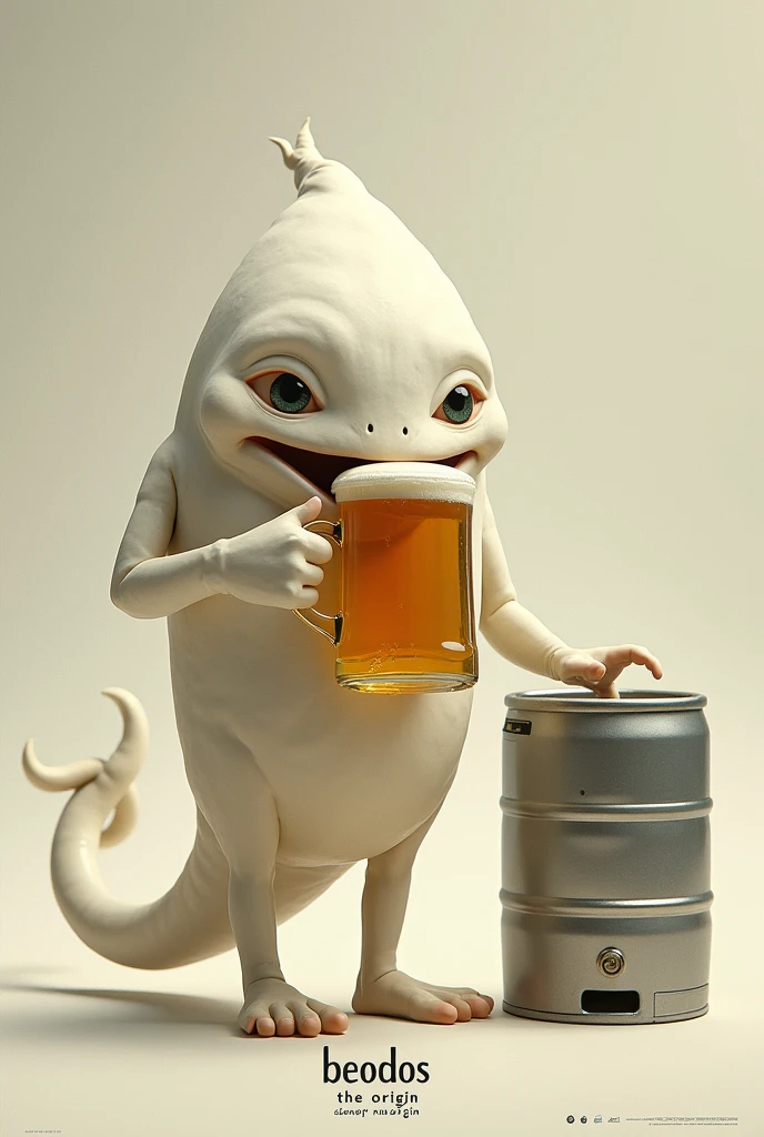 (MOVIE POSTER) (white sperm drinking a mug of beer)(text BEODOS)(text THE ORIGIN) (keg of beer)