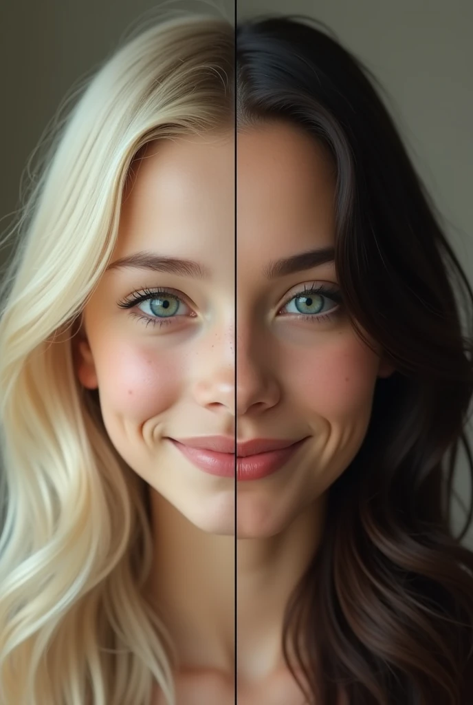 The image shows a woman's face divided into two perfectly symmetrical halves.. The left half belongs to a young girl of approximately 2, con cabello rubio platinado que falls in soft waves to the shoulders. Your skin is clear and radiant, with a uniform tone. his eyes, de un intenso blue eléctrico, are slightly squinted, giving it a mysterious and seductive air. Her long, thick eyelashes frame her gaze., accentuating the depth of his eyes. his eyebrows, delicately arched, add a touch of sophistication to your expression. Her lips, of a natural pink, are slightly parted in a subtle smile.
The right half belongs to a woman of approximately the same age, but with completely different features. Her hair, of a jet black, falls in soft waves to the shoulders, framing her face. his eyes, bright emerald green, are wide open, with an intense and penetrating look. his eyebrows, thicker and straighter, They give it a more intense and serious air. Her lips, of a cherry red, are slightly furrowed in a more serious and reserved expression.
Despite the differences, both halves blend perfectly into a single face, creating a captivating and enigmatic image. The perfect division of the face creates a sense of duality and contrast, inviting the viewer to explore the different personalities and emotions hidden behind the image.
The lighting is soft and warm, accentuating the features of both women and creating a serene and timeless atmosphere. The background is a soft gradient of neutral colors, allowing the face to be the center of attention.
style: realist, with a touch of surrealism due to the perfect division of the face. The image must have photographic quality, with precise details on the skin, the hair and eyes of both women.
colors: Warm tones predominate in the blonde half (rubio, blue, rosa) and the cool tones in the middle mo