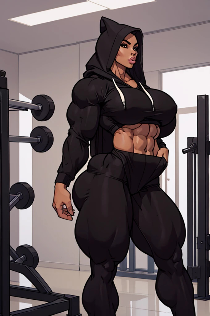 extremely long hair perfect anatomy 1girl tall solo curvy Giant Breasts ((Massive Female Bodybuilder)) hoodie leggings
