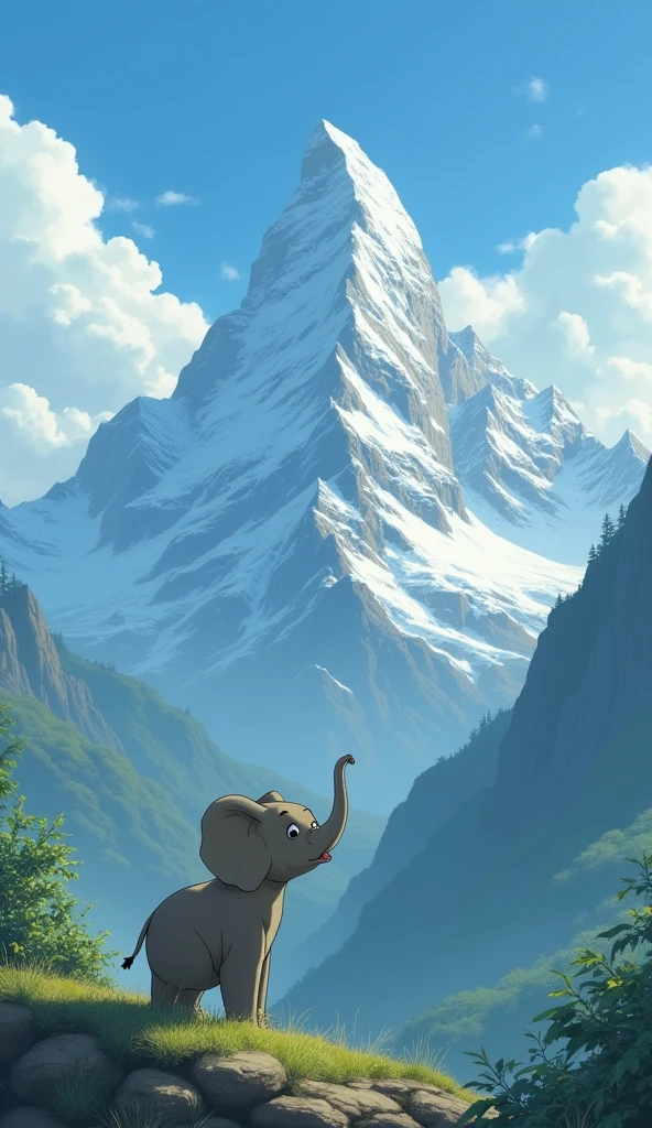 Studio Ghibli Style, Baby elephant gazing at distant mountains, Symbolizing his dreams and the difficulties ahead、A mountain towering into the blue sky々It is depicted