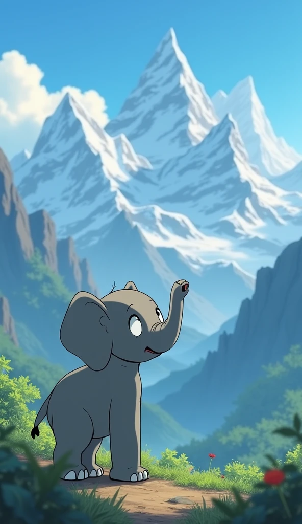 Studio Ghibli Style, Baby elephant gazing at distant mountains, Symbolizing his dreams and the difficulties ahead、A mountain towering into the blue sky々It is depicted
