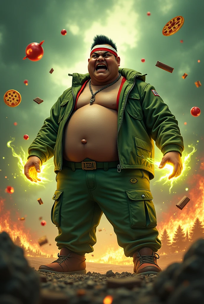 a man real teenage 20 year old bangladesh, nepal (fat body. belly fat chubby body type.) sharp eyes. chubby face. dark skin. man . Anger face. Open mouth. wear headband red whitr. . wearing an (green red stripe jacket) future shirt . anger faces, short hairstyle . Dramatic.. stand on lava ,( camouflauge green)cargo pant,, detailed face, cinematic lighting, dramatic atmosphere,.hot day. vibrant colors, 8k, high quality, photorealistic. Hero suit.. ha,army green logo design on pant . Very strong. Future design dress. Very epic. Very hot background.. dark sky. Very strong . . Flying floating pizza, candy. chocolate bar everywhere..Shadow power from hand Floating small rock everywhere.have a power turn anything to the food. glowing yellow green two finger on both side.