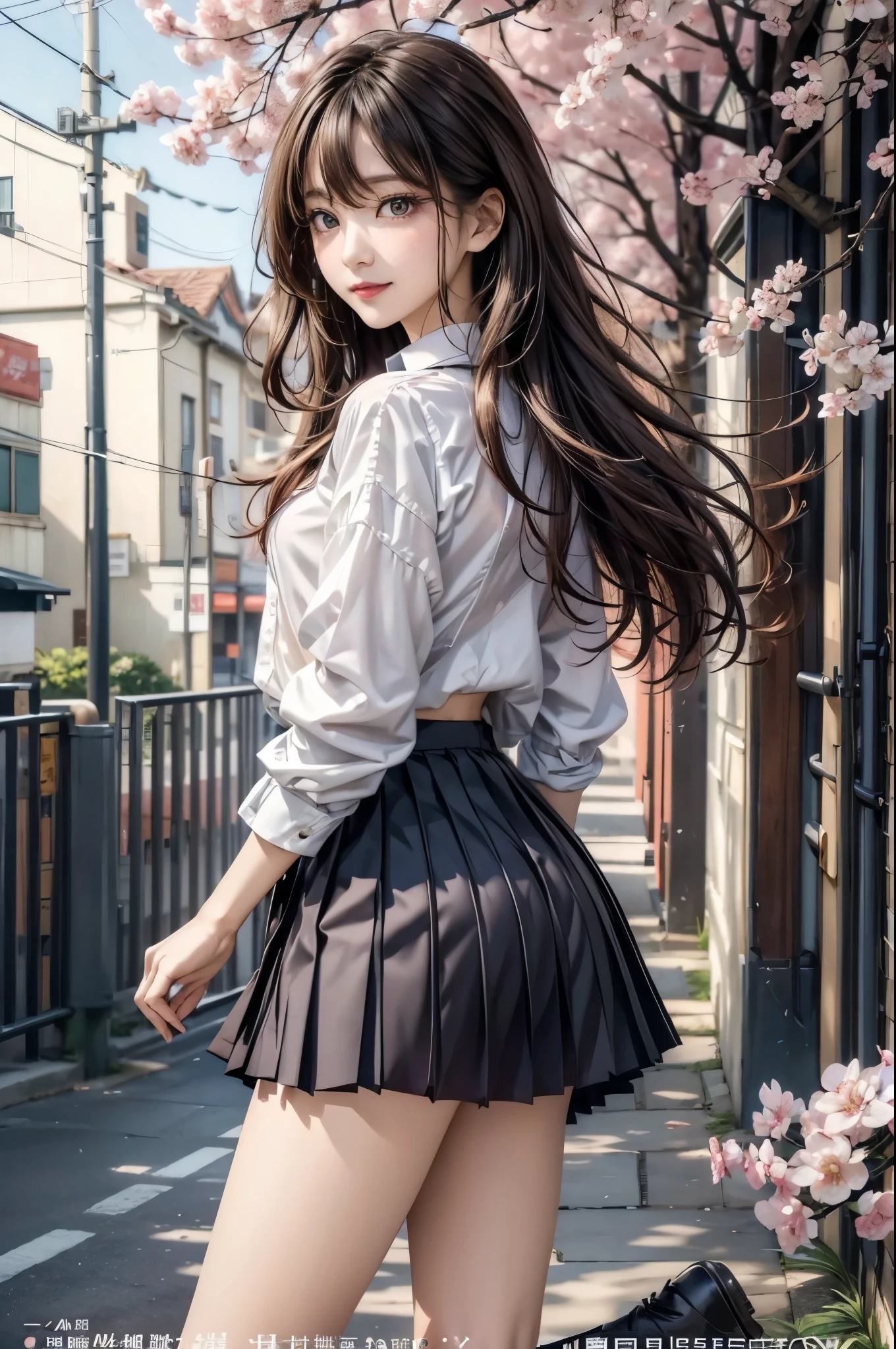 ((Highest quality)), ((masterpiece)), (detailed), (High contrast natural side sunlight, Dynamic Lighting, Cinema Lighting), Anime Style, (((whole body))), Cute Japanese, ((Rear view, look back)), Looking at the audience, smooth, fair skin, Exaggerated super long hair, Black straight hair、Wavy head and tail, 長い髪がWindになびく, ((Extremely fine hair)),  Cute, isn't it?, Long upper eyelashes, Thin eyebrows, Big eyes, amber pupil, Ultra-detailed eyes, A little blush, smile, Exquisite rimless glasses, detailedな顔, detailed face, Small Nose, Small lips, rest, 
((Symmetrical clothing, uniform, White button-down shirt, Black pleated student skirt, dark stockings, Dark colored school shoes)), Perfect clothing texture, Perfect body structure, Attractive figure, Long and sexy legs, Perfect foot quality, Perfect touch, Beautiful hands and feet, Beautiful fingers, rest, (Beautiful Wind scenery), (Micro Wind Outdoor), Wide street in a quiet Japanese town, Spring Morning, (Wind), (cherry blossoms), whole body images, ((Perfect composition)), emphasize the subject, (detailedな背景:1.5), オリジナルphotograph, CG unity, photograph, シュールなdetailed, concentrate, (Distorted depth of field blurred background), [[Color Saturation]], (和Windphotograph:0.3), (magazine:1.4), (Cover Style:1.3)