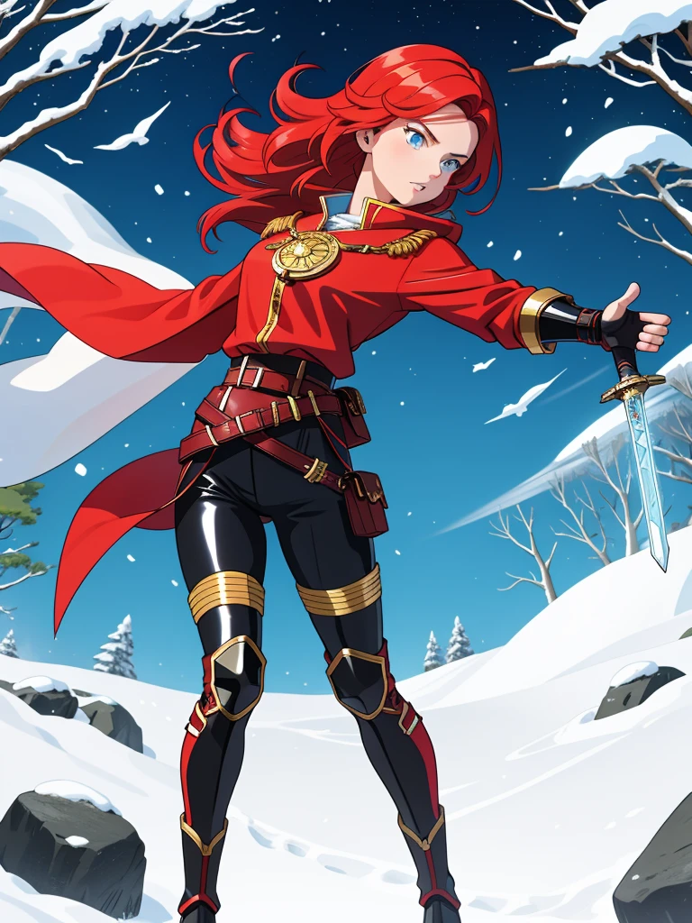 Sylara Stormblade, a tall woman with bright red hair and blue eyes, wearing elegant mithril armor with golden details, tight black leather pants with metallic segments, a sturdy belt with multiple compartments and pouches for storing items and a scabbard for her sword, knee-high leather boots, with shin and ankle reinforcement, in golden details, anime style, standing in a forest, wearing gauntlets and a red cape, in the snow, showing her whole body in an action pose.