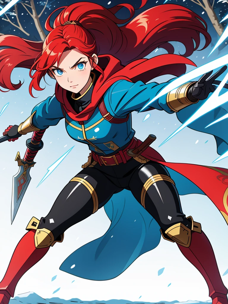 Sylara Stormblade, a tall woman with bright red hair and blue eyes, wearing elegant mithril armor with golden details, tight black leather pants with metallic segments, a sturdy belt with multiple compartments and pouches for storing items and a scabbard for her sword, knee-high leather boots, with shin and ankle reinforcement, in golden details, anime style, standing in a forest, wearing gauntlets and a red cape, in the snow, showing her whole body in an action pose.