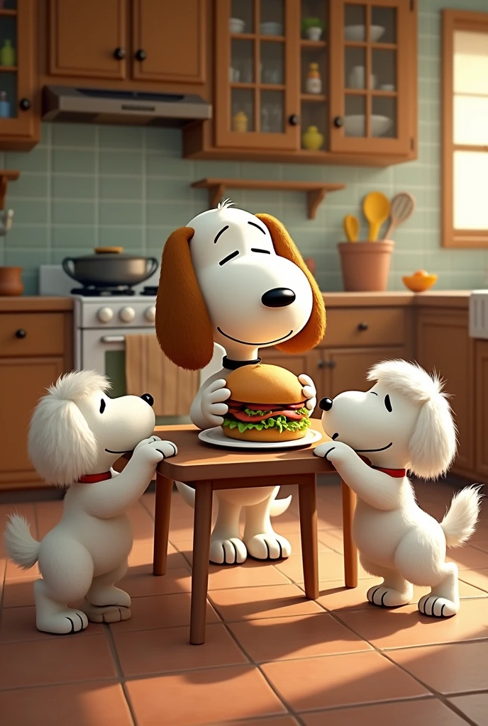 Snoopy eating a sandwich in a kitchen while its playing with three big white dogs