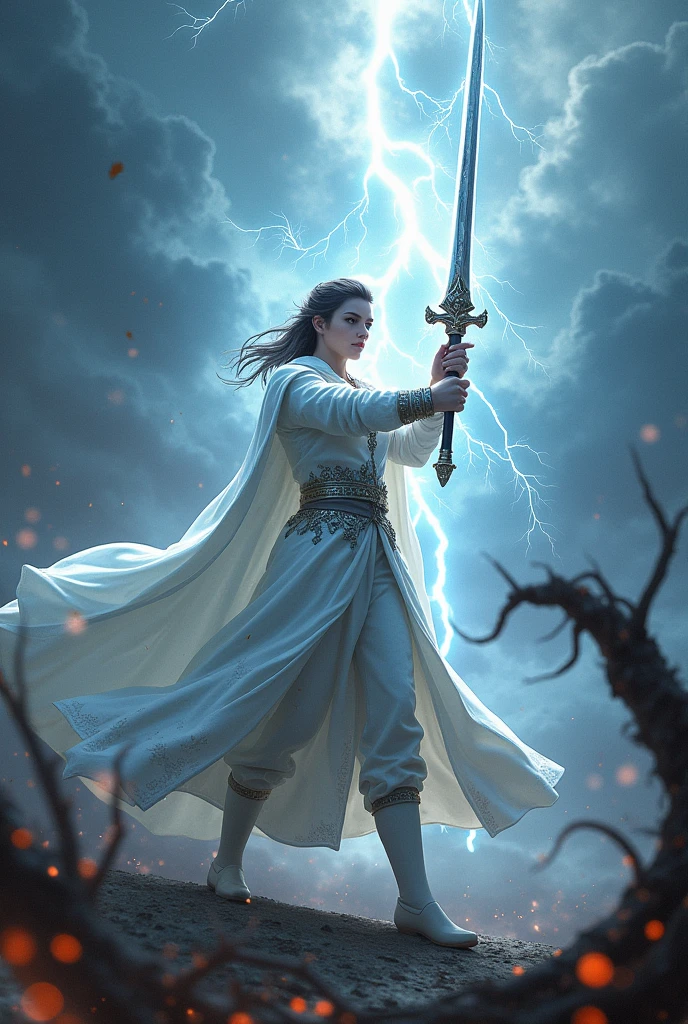 Man in white outfit fighting evil with lightning sword in hand