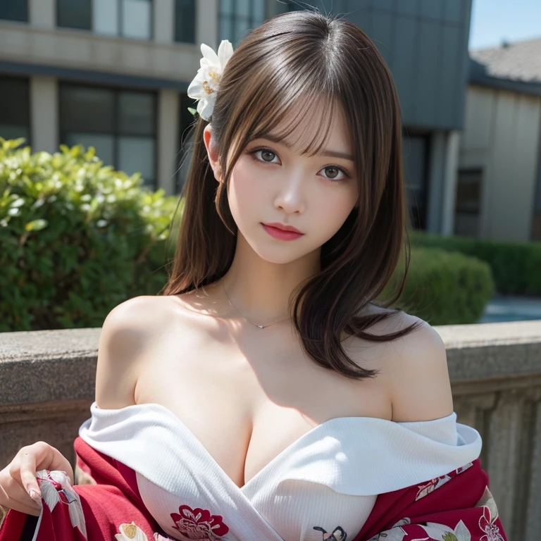 masutepiece, Best Quality, Illustration, Ultra-detailed, finely detail, hight resolution, 8K Wallpaper, Perfect dynamic composition, Beautiful detailed eyes, Kimono, Off-shoulder, cleavage