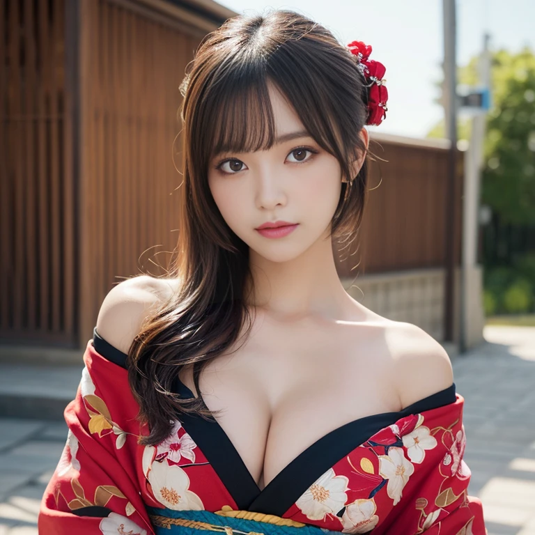 masutepiece, Best Quality, Illustration, Ultra-detailed, finely detail, hight resolution, 8K Wallpaper, Perfect dynamic composition, Beautiful detailed eyes, Kimono, Off-shoulder, cleavage