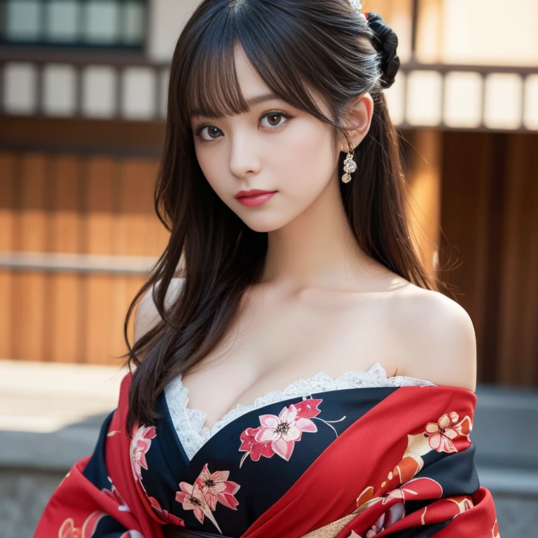 masutepiece, Best Quality, Illustration, Ultra-detailed, finely detail, hight resolution, 8K Wallpaper, Perfect dynamic composition, Beautiful detailed eyes, Kimono, Off-shoulder, cleavage