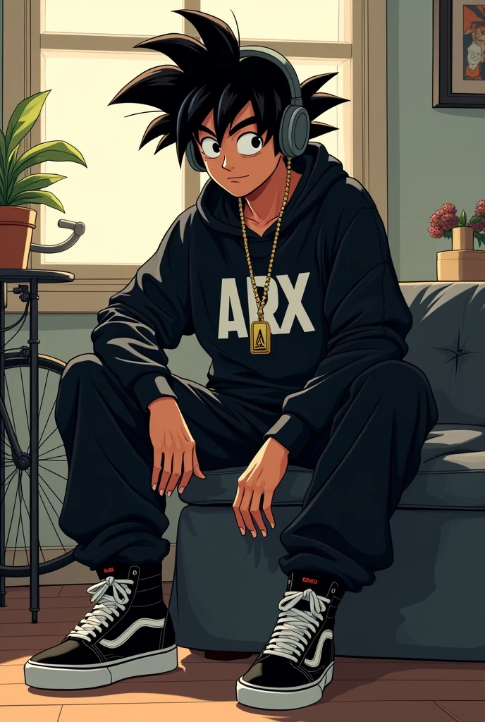 
 
Teenage Goku, hip hop style cap on head, black eyes, listening to music, sitting in a room with white walls with black furniture and bright lights, slave chain with the initial Arx in gold, Loose black sweatshirt with a print in the center written ARX in white, long black pants and Nike Vans-type sneakers,  interior, soft light, relaxed pose, in the background a Baker bicycle, warm colors, by Greg Rutkowski, by Alphonse Mucha. 
