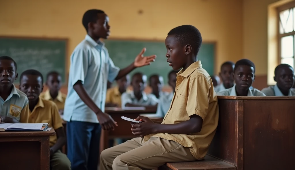 A teacher scolds a Burkinabe boy high school student sitting on his bench at the high school