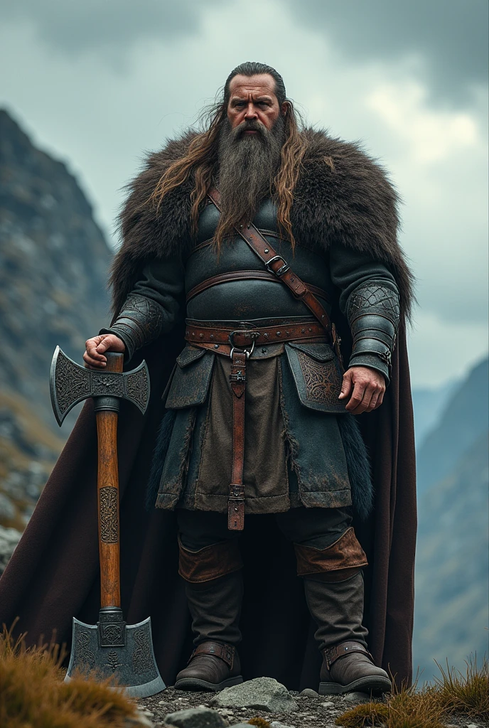 Imagine a robust Viking, with long hair and a thick beard. He wears leather armor. In his right hand he holds a double-edged axe, with a sturdy wooden handle. The axe has an intricate design in the metal, with engraved Nordic symbols. The scene could be set in a rugged landscape, with mountains and a cloudy sky in the background, evoking the atmosphere of ancient Scandinavia.