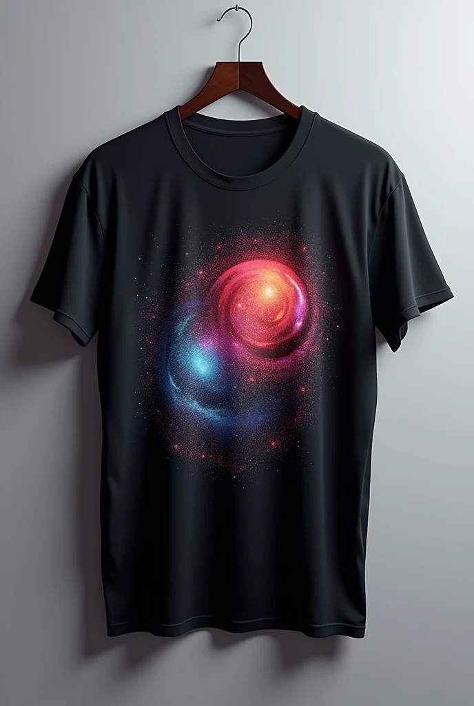 realistic image, of a print on a black t-shirt with an ink containing glitter-like particles with an iridescent effect of red colors, blue, violet. The printed t-shirt must be seen, The iridescent effect is only in the print and it can be seen that the change in tone is due to the change in tone is due to an optical phenomenon characterized as the property of certain surfaces in which the tone of the light varies according to the angle from which the surface is observed and that it is in glitter-type particles.