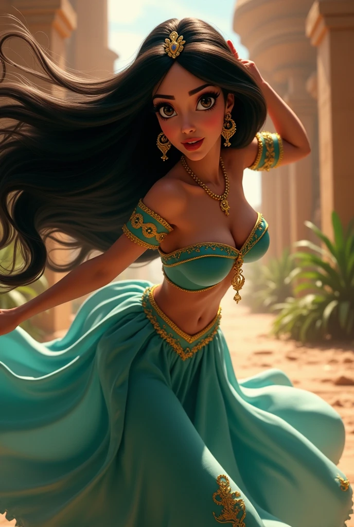 Stunning Princess Jasmine, photo in 8k, in action, cinematic.