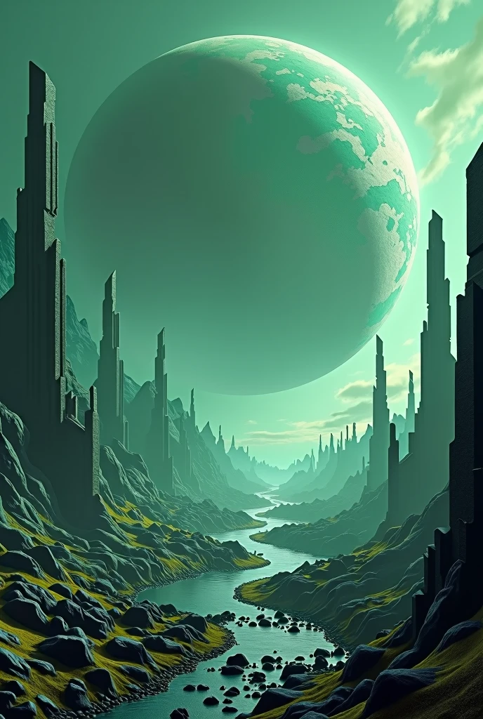 close-up of a futuristic landscape with a giant planet in the background, Highly detailed 4K digital art, stunning artwork in 8k, Epic fantasy sci-fi illustration, fractal thunder dan mumford, Epic fairytale fantasy landscape, Detailed 4k digital art, sci-fi digital art illustration, 8K HD Wallpapers Digital Art, Fantastic Planet, Epic fantasy in digital art style, in acid green tones, 7680 x 4320, dark fantasy