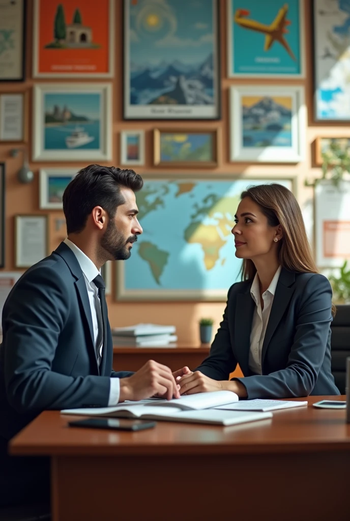 A man and boss woman setting in the office with background company name '' BLUORANGE TRAVELS'' make sure its ''BLUORANGE'' not a blueorange and traveling posters al over the office in Pakistan