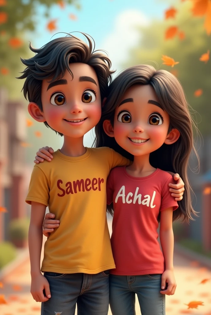 Boy and girl best friend pic, boy name sameer and girl name Achal with his name on t shirts