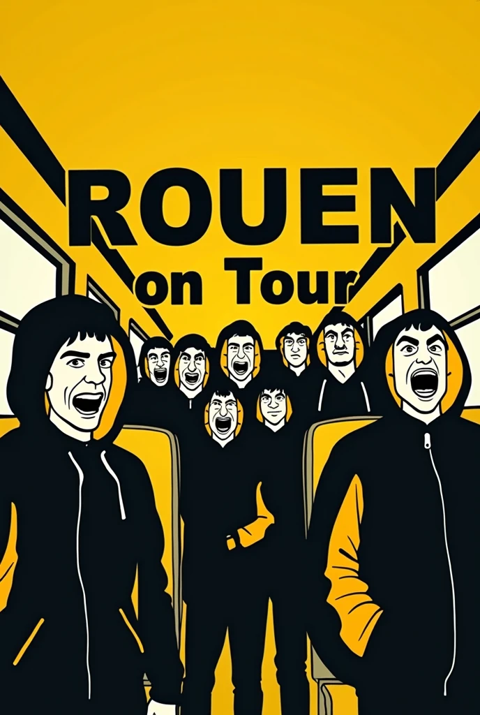 Image simpliste de groupe de supporter homme de style ultras hooligans en veste jaune et noir dans un bus jaune avec inscrit «ROUEN ON TOUR » 