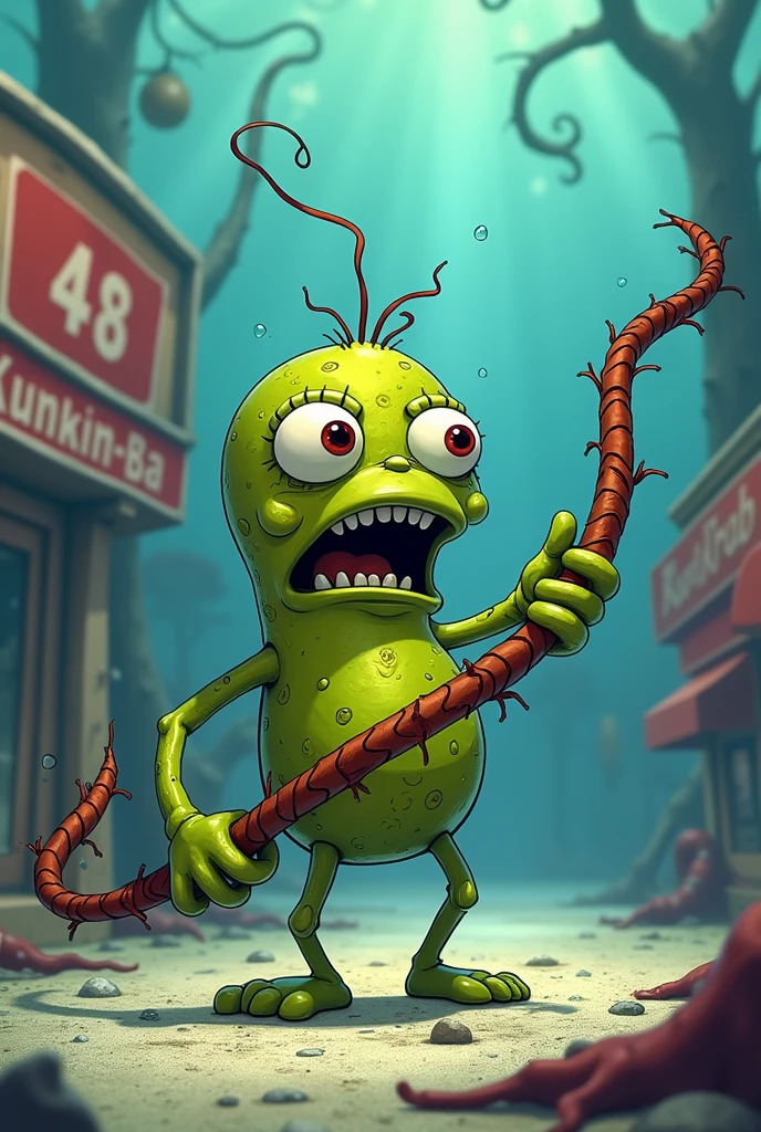 Plankton in Bikini Bottom holding a whip in his hand dominating the Krusty Krab