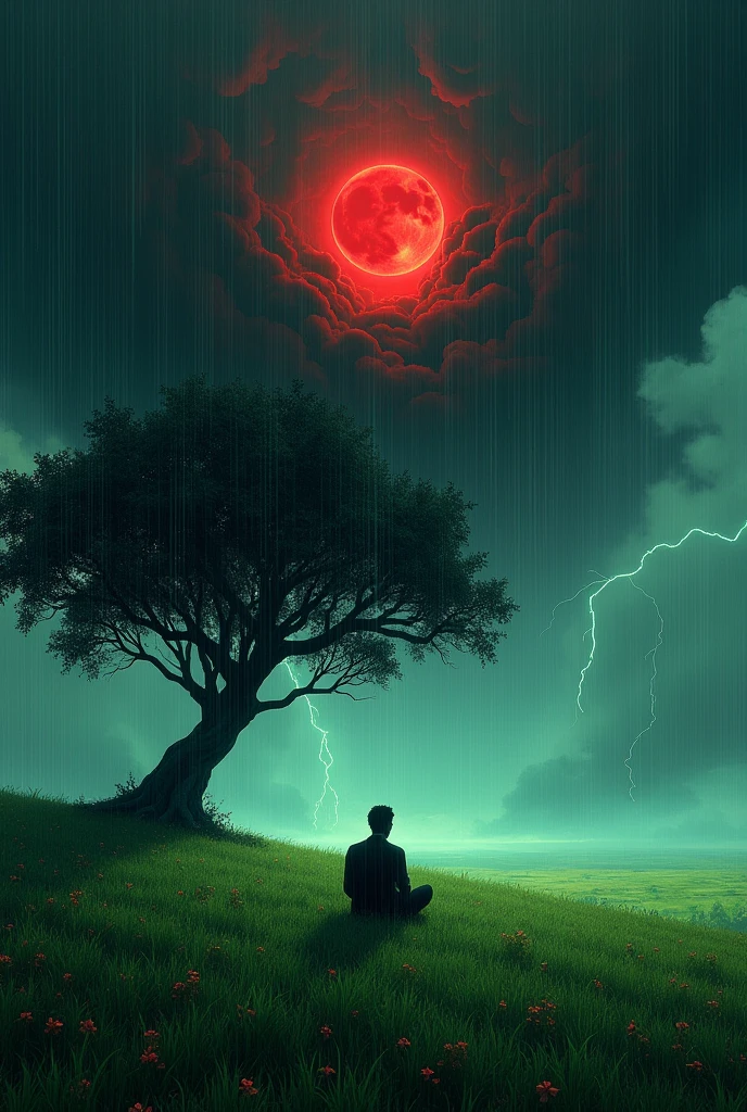 a green field, shining black sky, red sun,a man sitting under a big tree shadow,heavy raining and thundering.