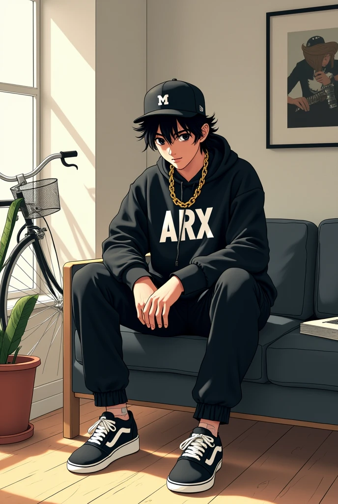 
 
Teenage Goku, hip hop style cap on head, black eyes, listening to music, sitting in a room with white walls with black furniture and bright lights, slave chain with the initial Arx in gold, Loose black sweatshirt with a print in the center written ARX in white, long black pants and Nike Vans-type sneakers,  interior, soft light, relaxed pose, in the background a Baker bicycle, realist, warm colors, by Greg Rutkowski, by Alphonse Mucha. 
