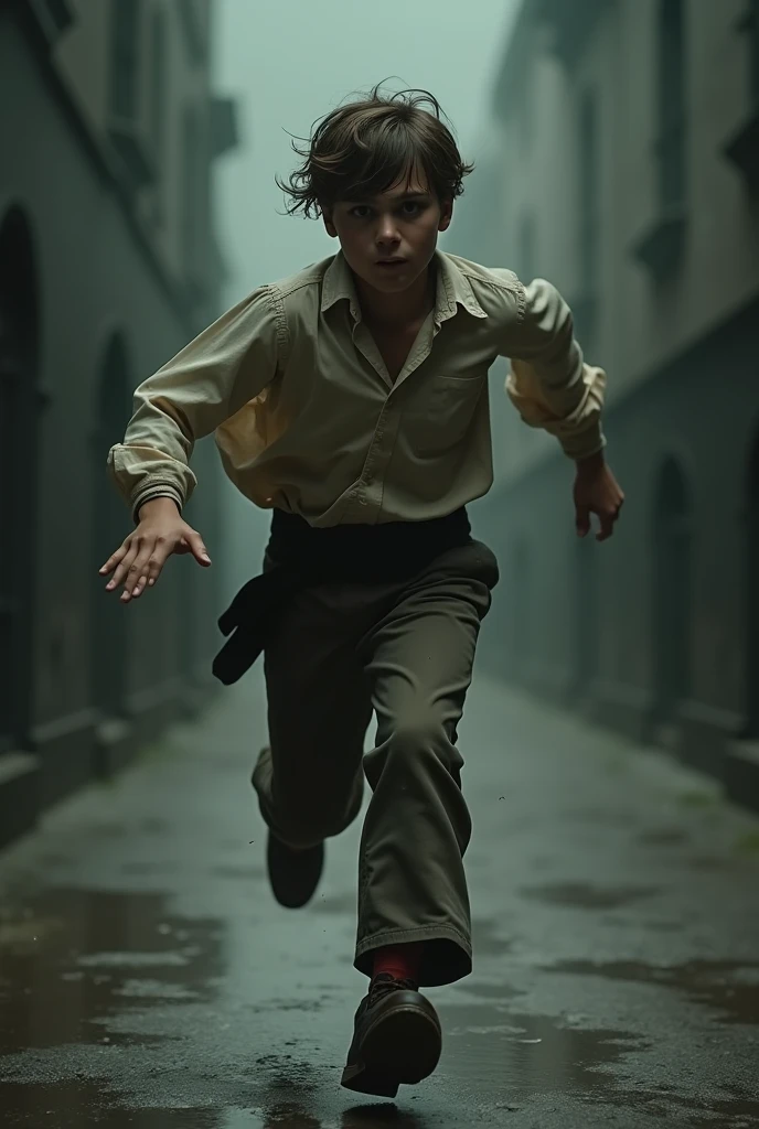 19 year old boy running scared in 19th century clothes