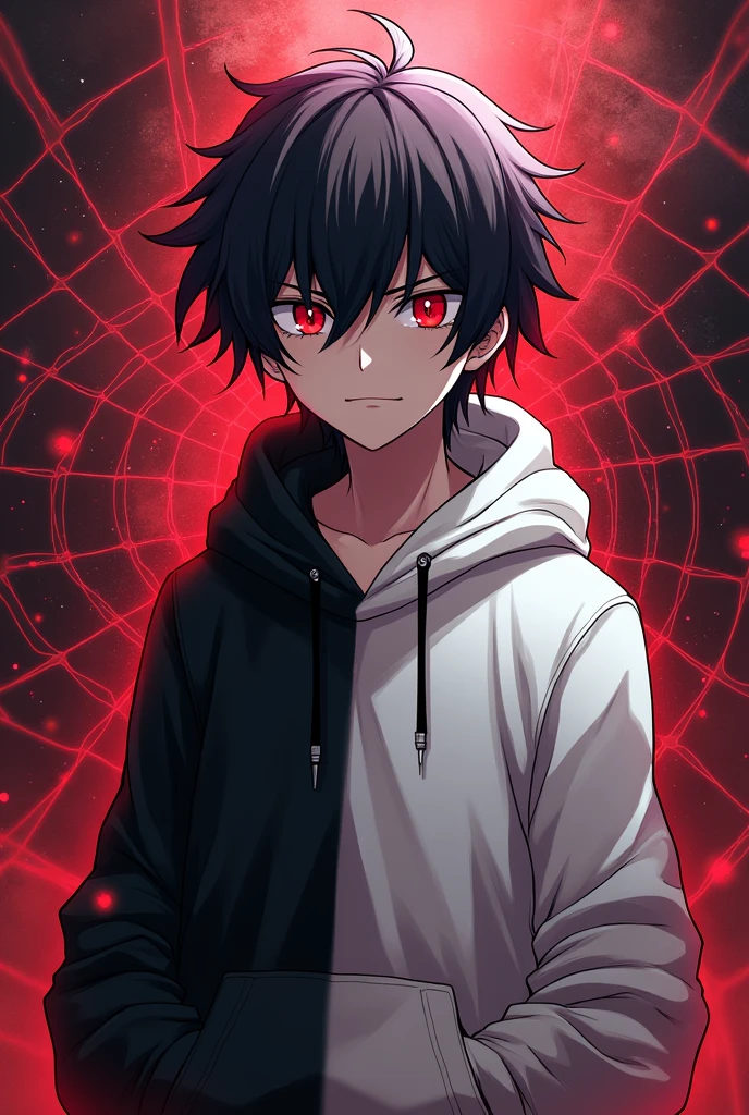 Anime boy, Wearing hoodie, Half of the hoodie is white while the other is black like a yin and yang. The eyes different from each other, the right is red like a demon eyes while the left is a human eye with color grey. It's hair is fluffy and a little straight. The face is an anime that is serious, inspired by Error sans. The background is like a universe covered with red strings like he controls it with his right hand. Make his face more serious like he is on a fight.