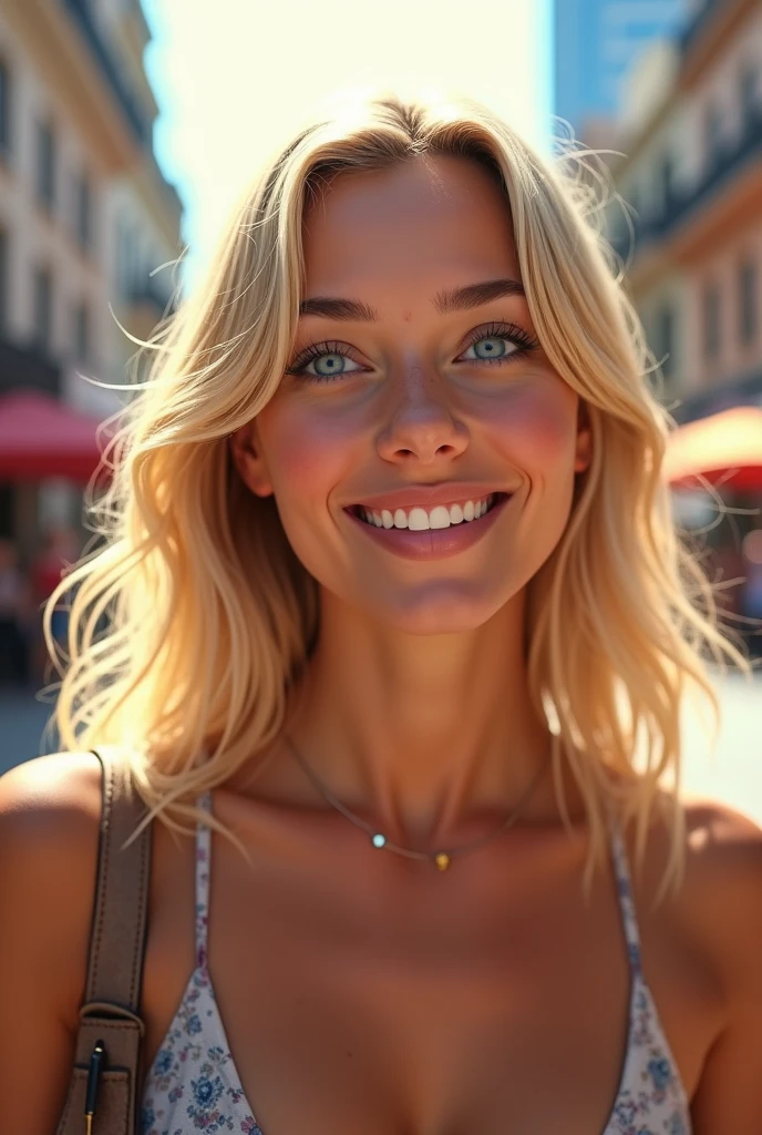 One young woman, blue eyed blonde, happy in a city.