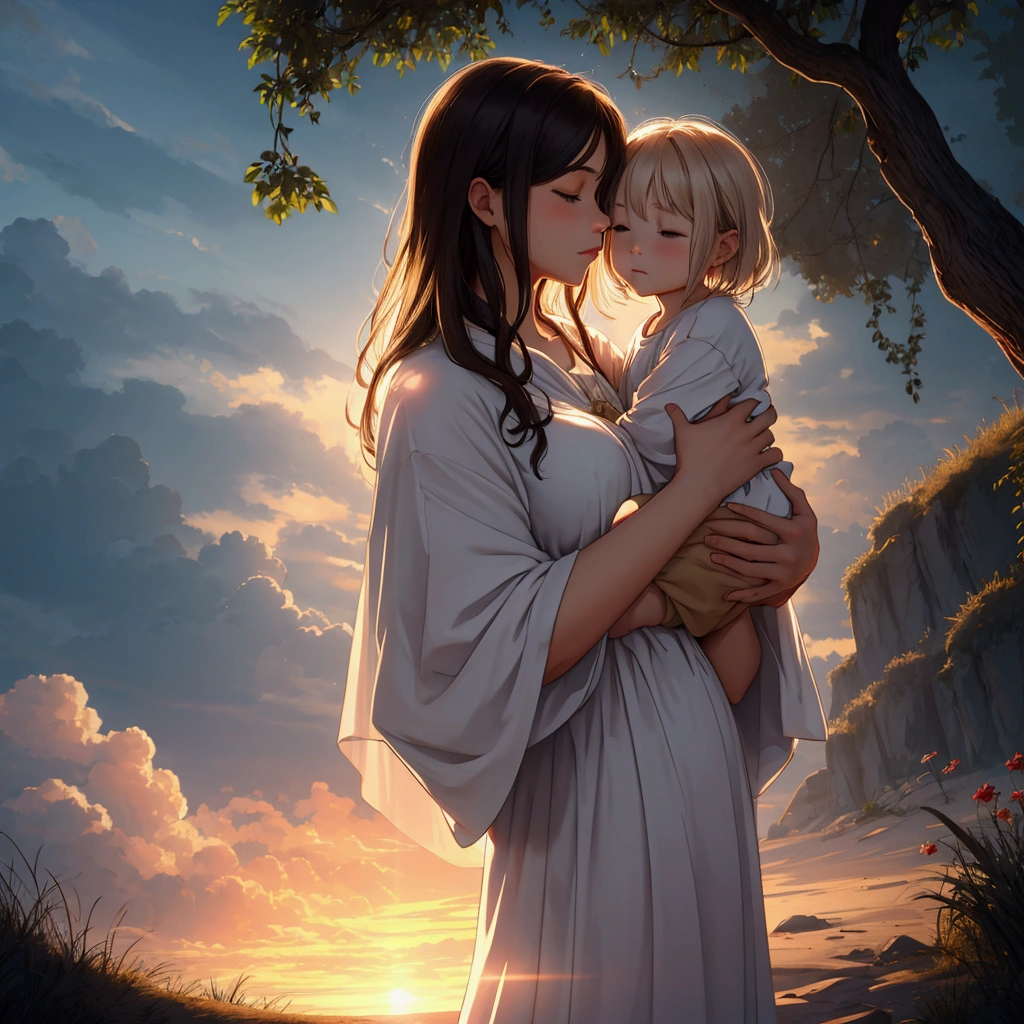 {
"size": "1792x1024",
"prompt": "A realistic, cinematic 8K image of Jesus gently holding a baby, surrounded by soft, luminous clouds. The scene is ethereal, with light beams filtering through the clouds, creating a heavenly glow around both figures. Jesus has a peaceful and loving expression as he cradles the baby close, their foreheads gently touching. The clouds envelop them in a protective, almost divine embrace, with the sunlight highlighting their faces, adding a serene and spiritual atmosphere to the image."
}