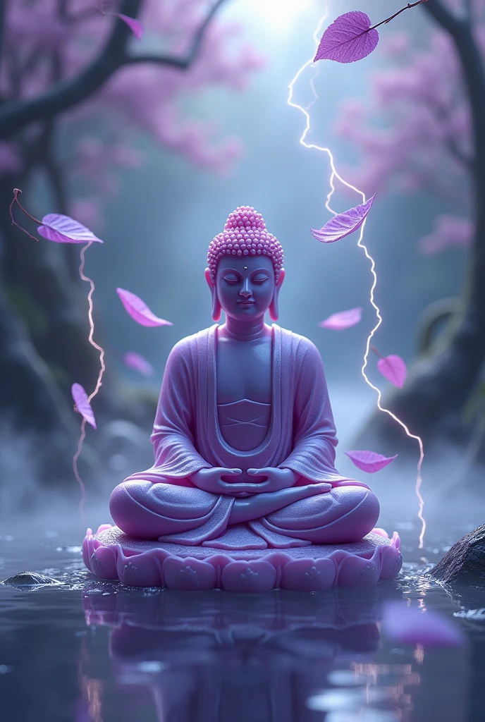 picture of lord buddha with water pattern. mist floating on the water.3d 4k the buddha statue is made of purple jade with leaves swirling like a small storm. lightning comes out of the palm of the buddha.