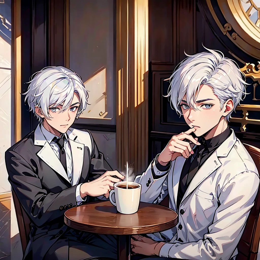 A cute young man with white hair and grey eyes drinking coffee in a coffee shop.