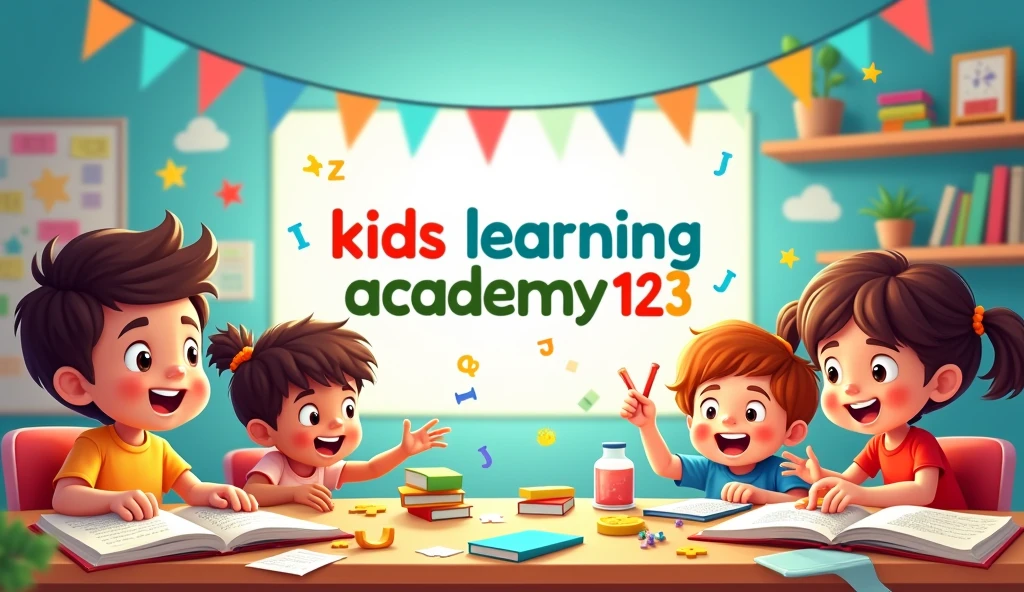Create a vibrant and engaging banner featuring a friendly, colorful classroom setting. Include animated characters of diverse children happily engaged in different learning activities such as reading books, solving puzzles, and experimenting with science kits. Add cheerful, playful elements like colorful blocks, ABC letters, numbers, and educational toys scattered around. Make sure the channel name '@kids learning academy123' is prominently displayed in fun, bold letters at the center, with a bright, inviting background that incorporates a rainbow of colors. Ensure the overall design is lively and appealing to both kids and their parents."